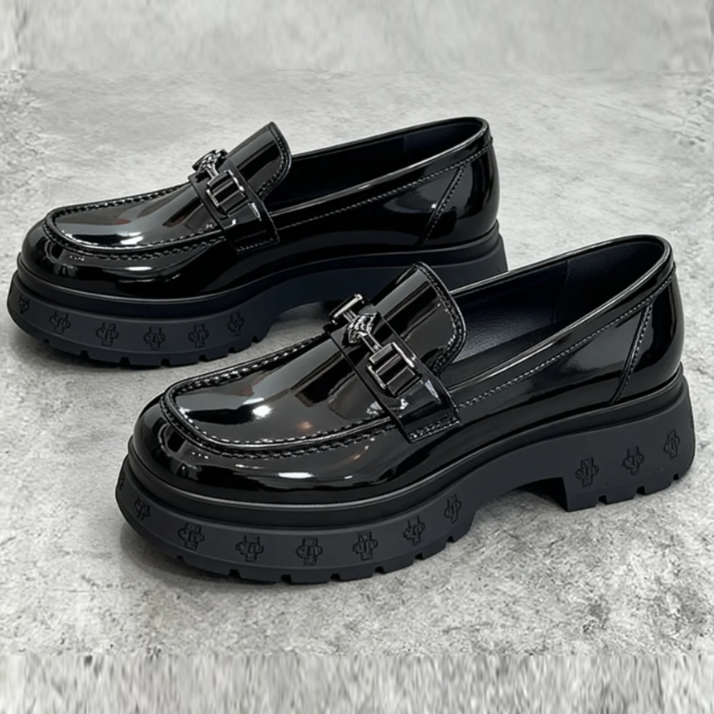 Black Patent Leather Boots with Silver Buckles