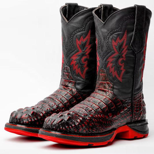 Black Cherry Caiman Neck Leather Boots With 3D Lightweight Sole - Composite Toe