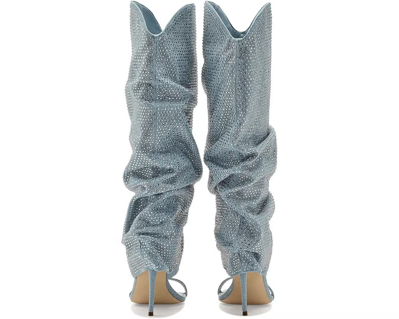 Blue Rhinestone Knee-High Open-Toe Boots