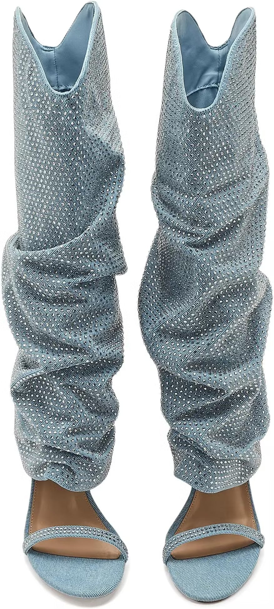 Blue Rhinestone Knee-High Open-Toe Boots