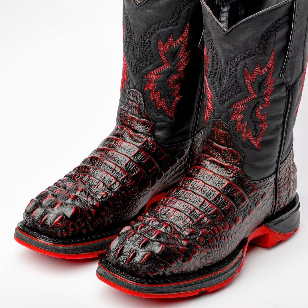 Black Cherry Caiman Neck Leather Boots With 3D Lightweight Sole - Composite Toe