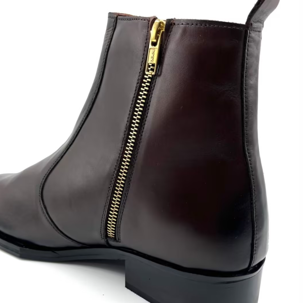 Brown Leather Square-Toe Zipper Chelsea Boots