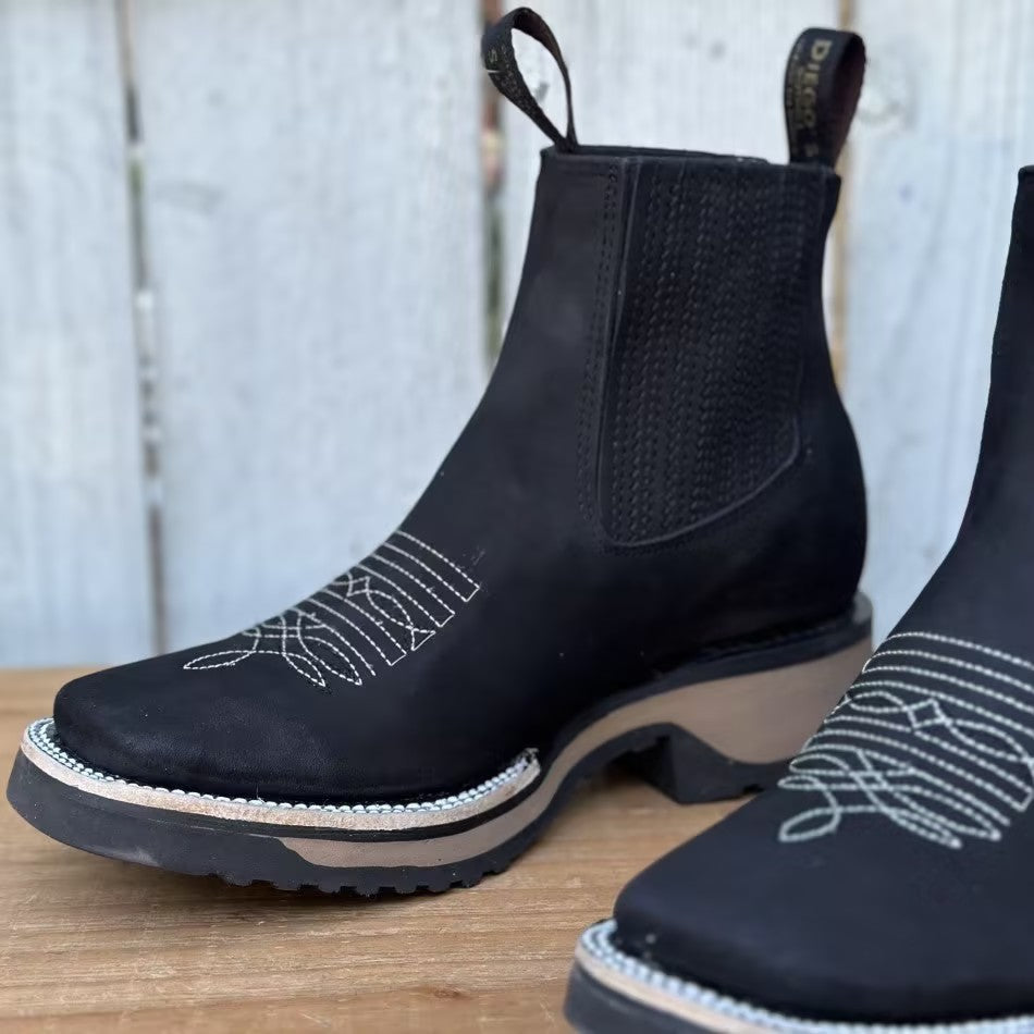 Men's Black Embroidered Slip-On Boots