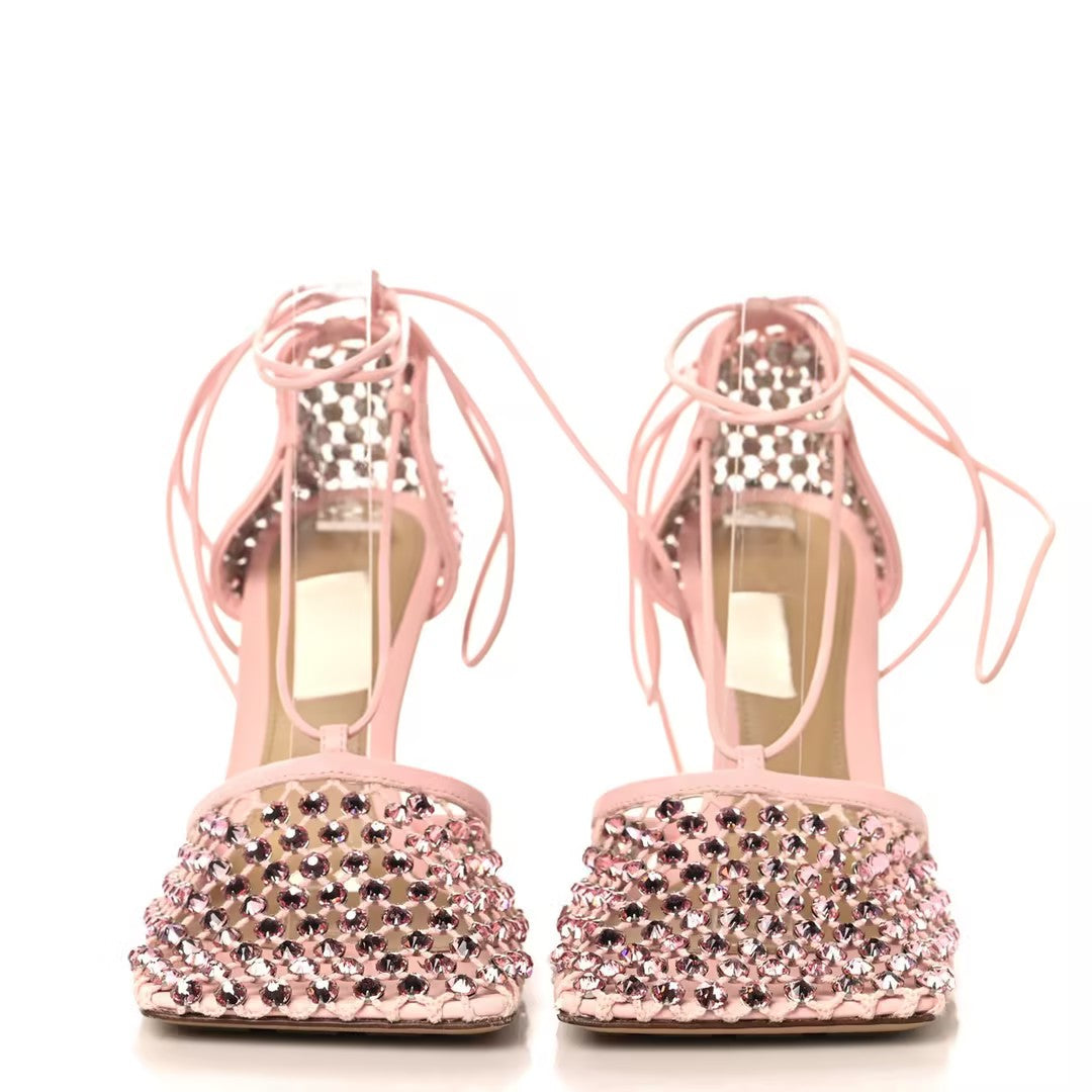 Pink Mesh Square-Toe High Heels