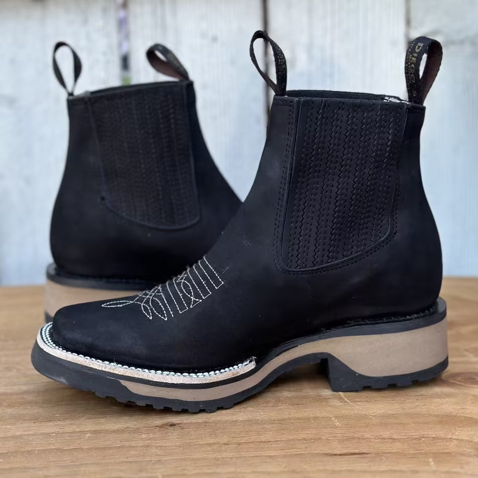 Men's Black Embroidered Slip-On Boots