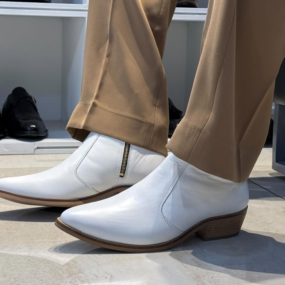 White Leather Chelsea Boots with Wooden Soles
