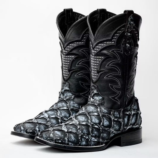 Rustic Grey Jumbo Pirarucu Leather Boots - Square Toe