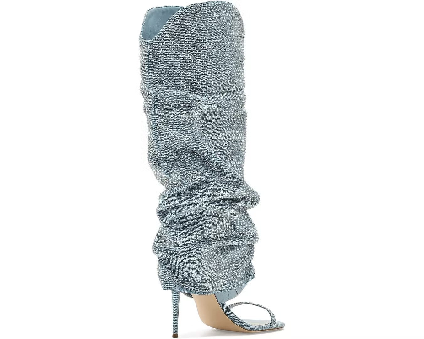 Blue Rhinestone Knee-High Open-Toe Boots