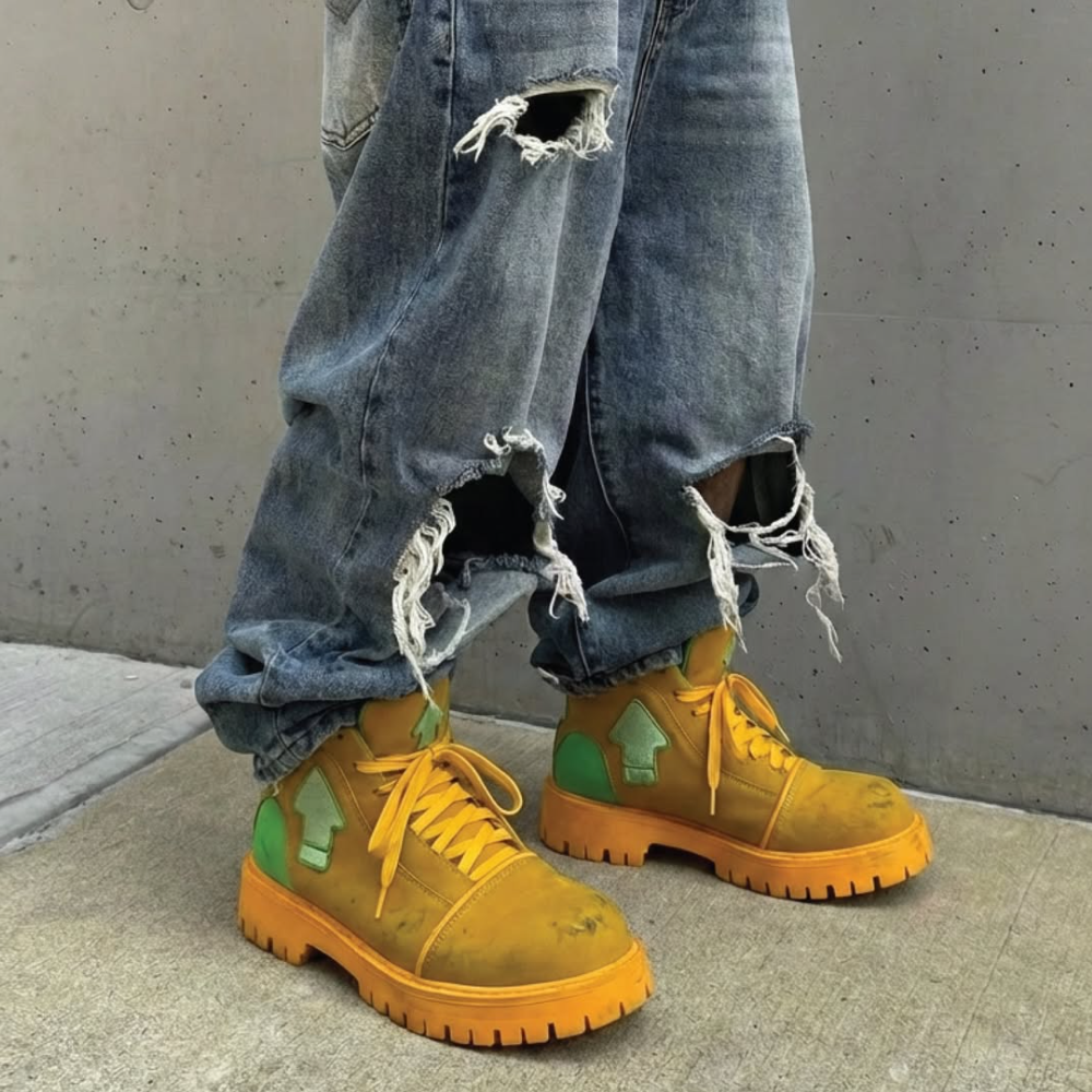 Green Pointed-Toe Yellow Chukka Boots