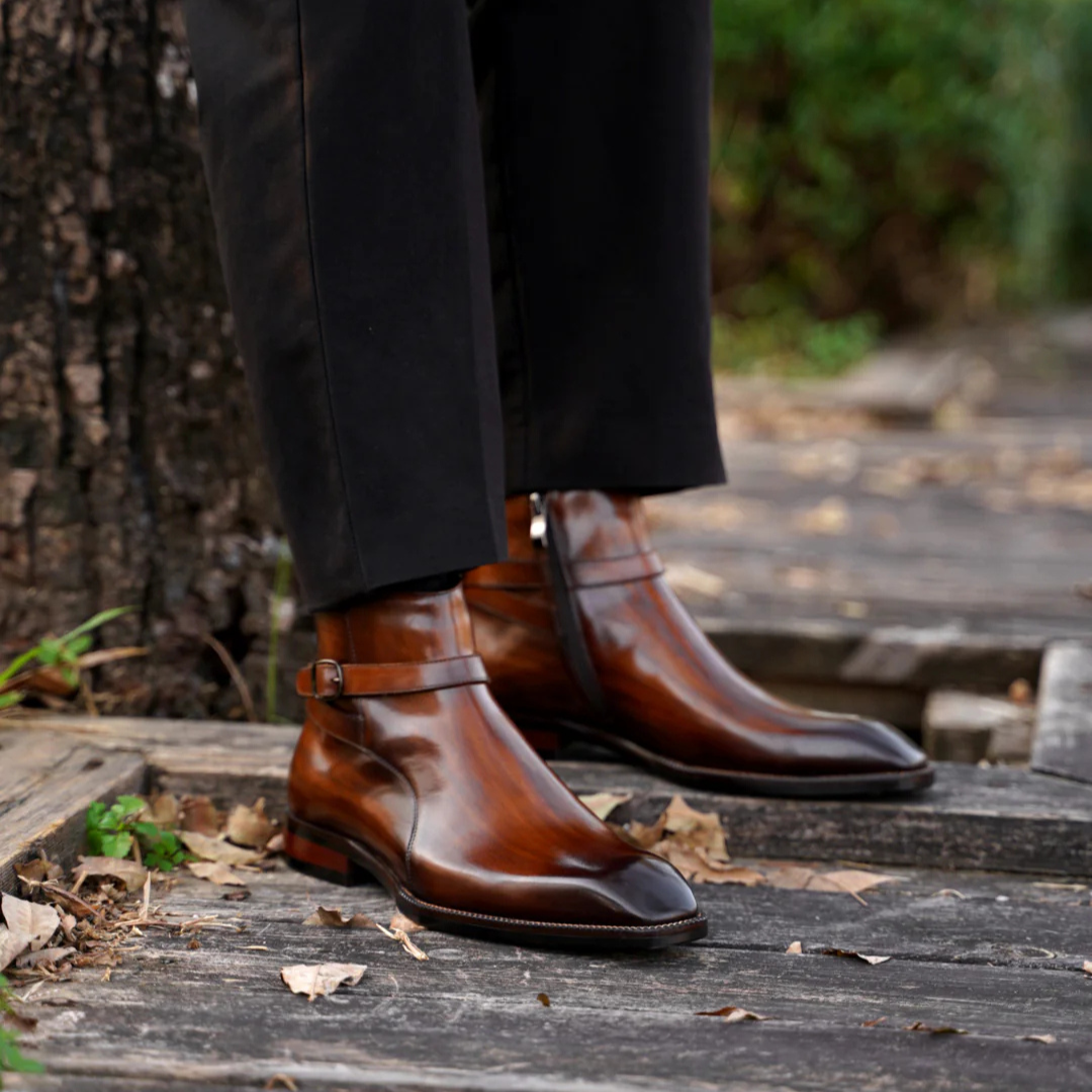 Brown Leather Square-Toed Lace-Up Chelsea Boots