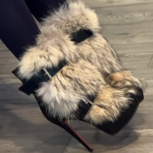 Furry Strap-Up Heel Boots