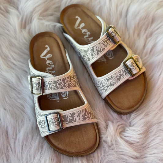 White Sandals with Embossed Floral Patterns