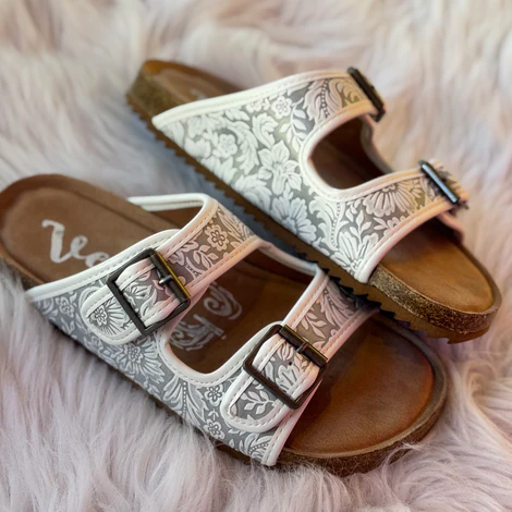 White Sandals with Embossed Floral Patterns