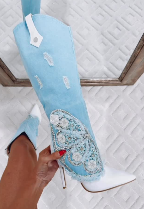 Blue Denim Rhinestone-Embellished High-Heeled Boots