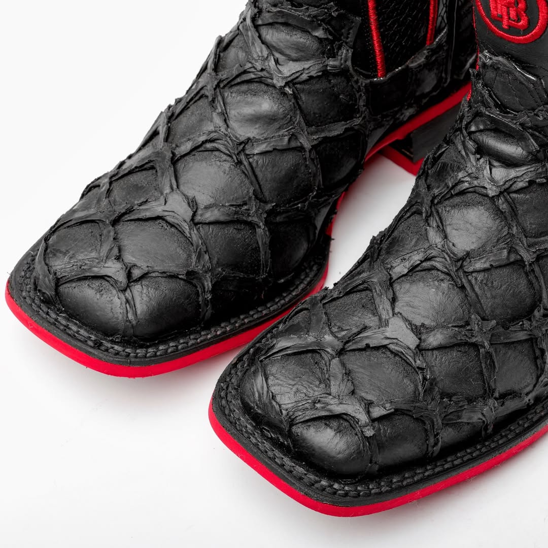 Black Cherry Pirarucu Leather Boots - Square Toe
