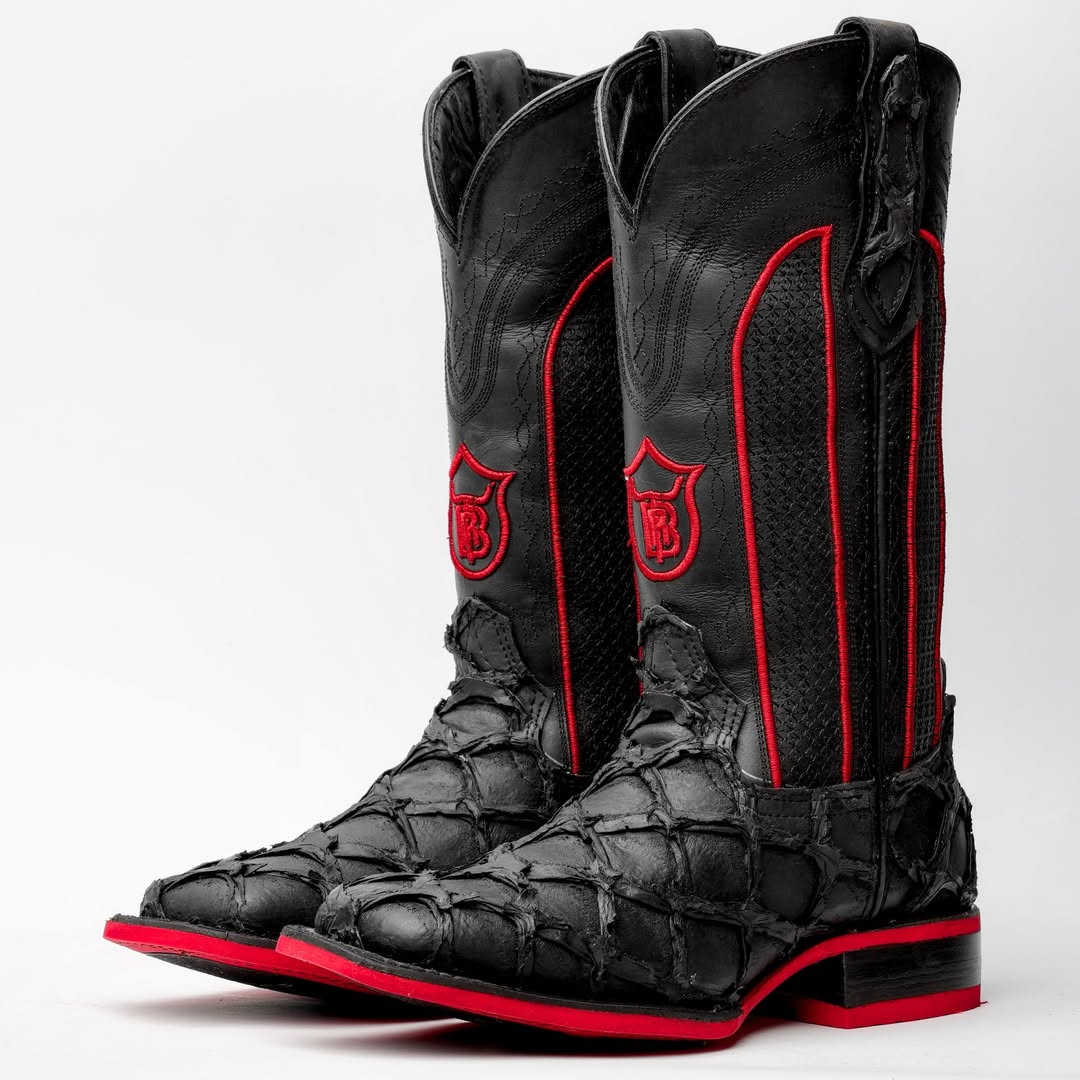 Black Cherry Pirarucu Leather Boots - Square Toe