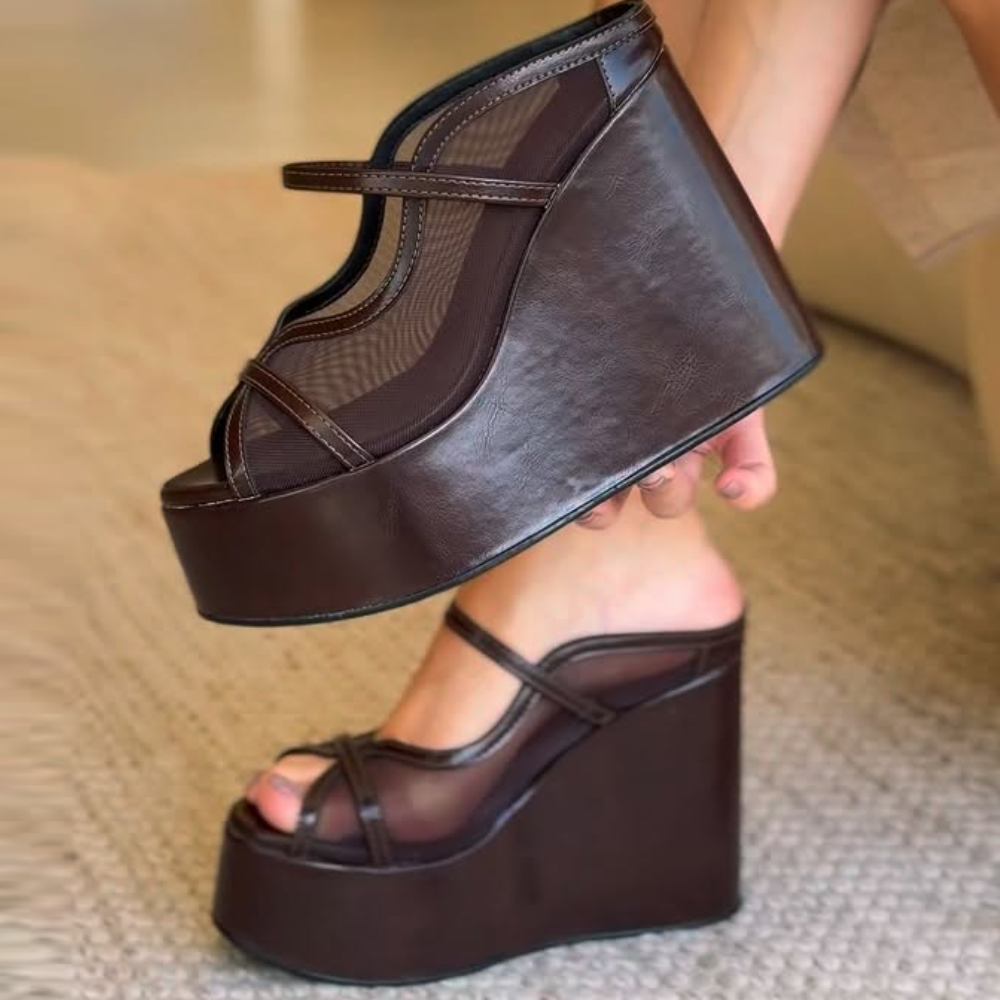 Brown High-Heeled Mesh Sandals