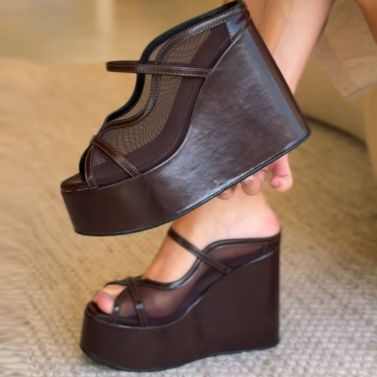 Brown High-Heeled Mesh Sandals