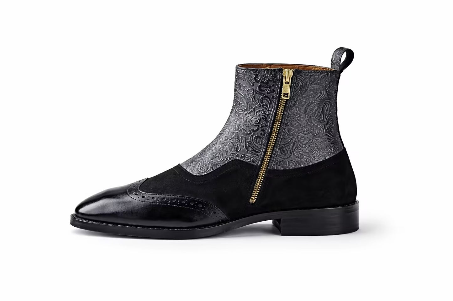 BLACK EMBOSSED LEATHER & SUEDE CHELSEA BOOTS WITH BROGUE DETAIL