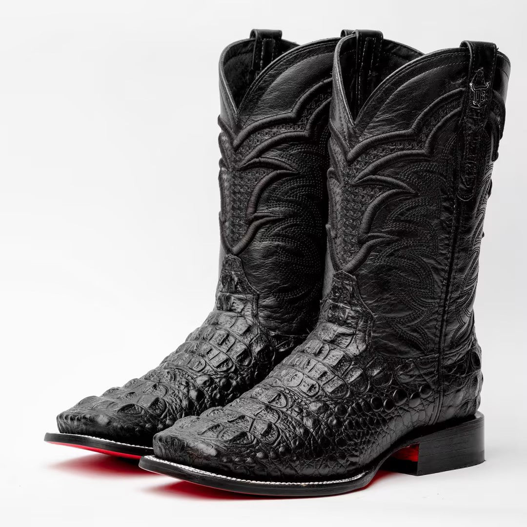 Black Caiman Neck Leather Boots - Square Toe