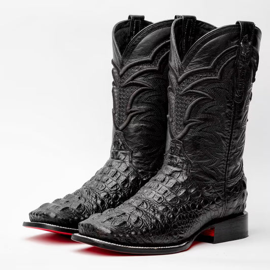 Black Caiman Neck Leather Boots - Square Toe