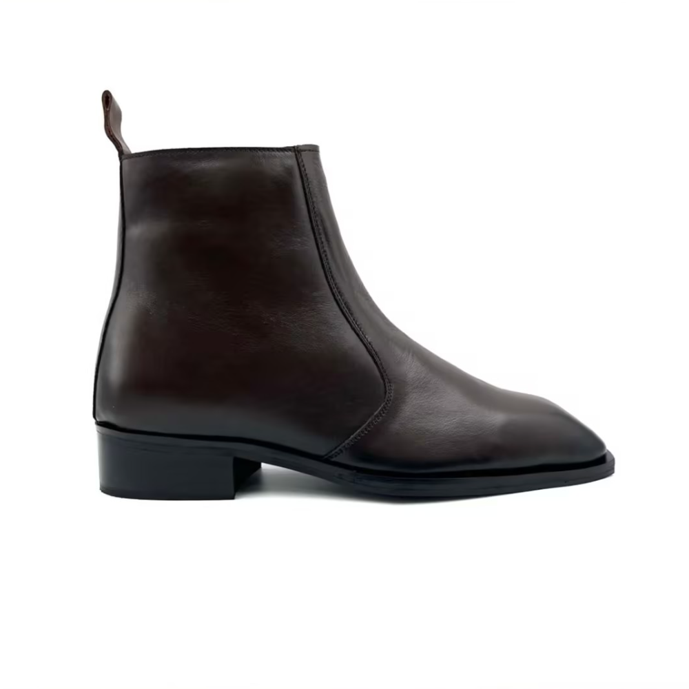 Brown Leather Square-Toe Zipper Chelsea Boots