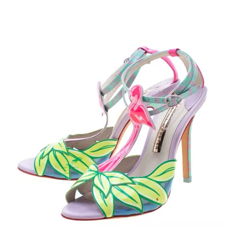 Multicolor Patent Leather Flamingo Peep Toe T Strap Sandals