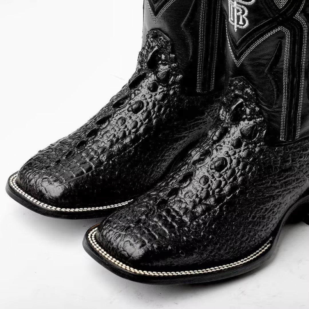 Black Snapping Turtle Leather Boots - Square Toe