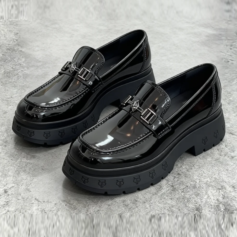 Black Patent Leather Boots with Silver Buckles