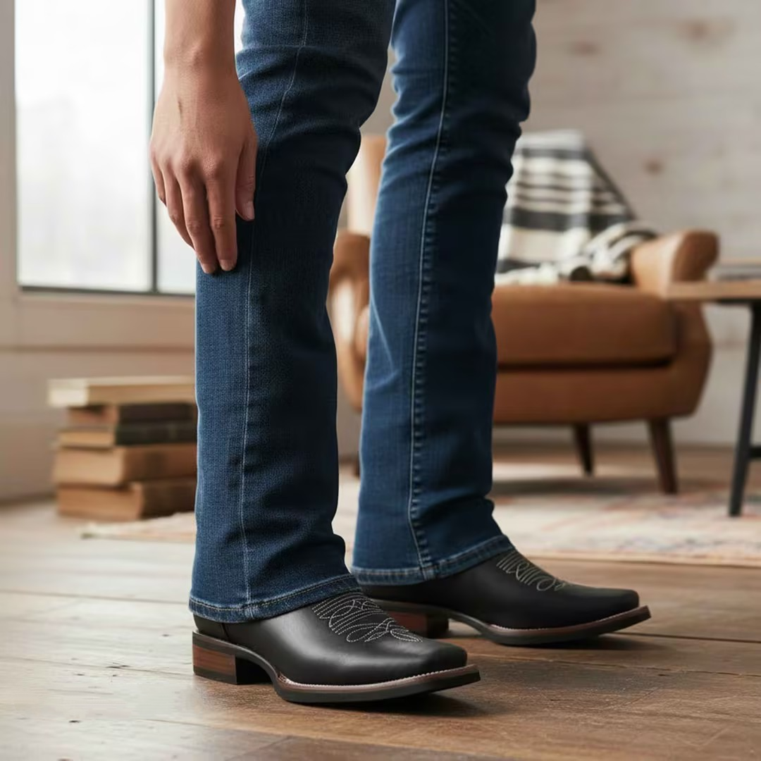 Crazy Black Square Toe Rubber Sole Leather Boot
