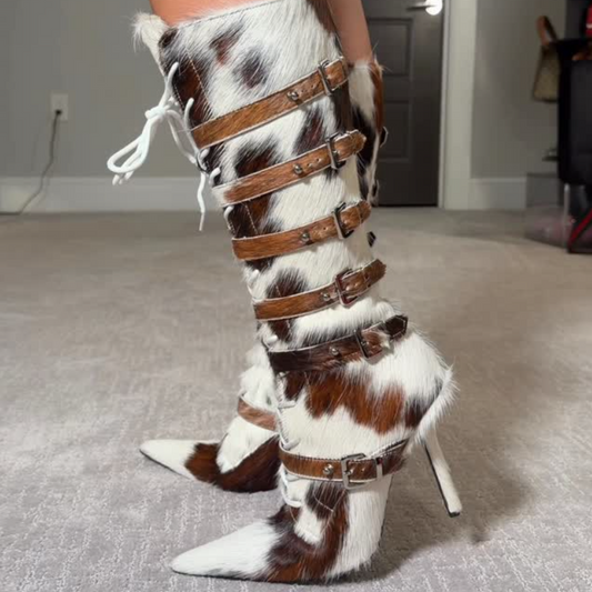 Cow-Print Strappy Heeled Boots