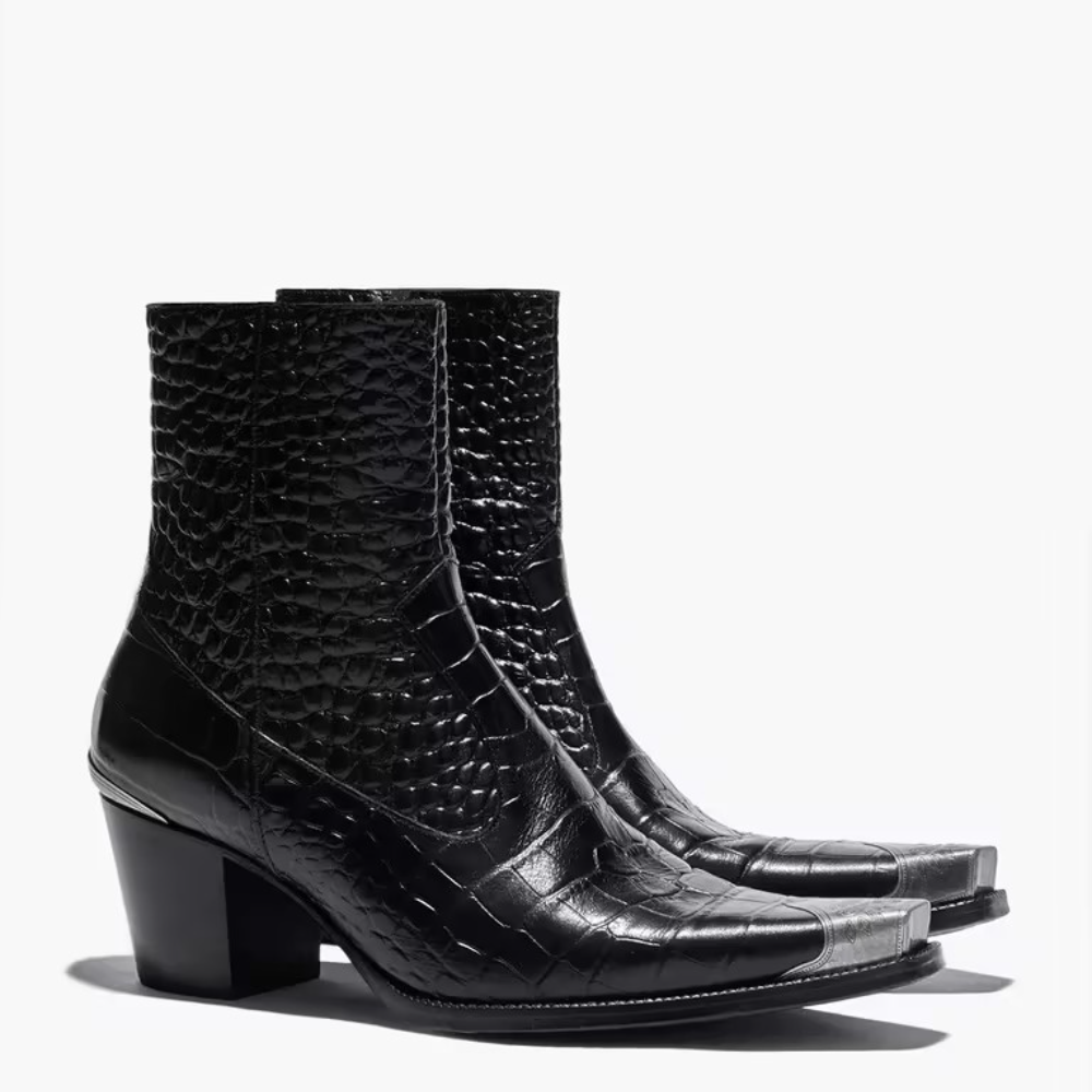 BLACK WESTERN CROC EFFECT METAL TOE  BOOT