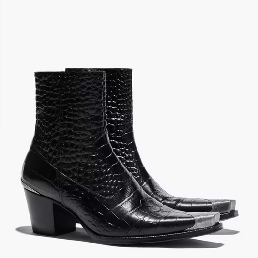 BLACK WESTERN CROC EFFECT METAL TOE  BOOT