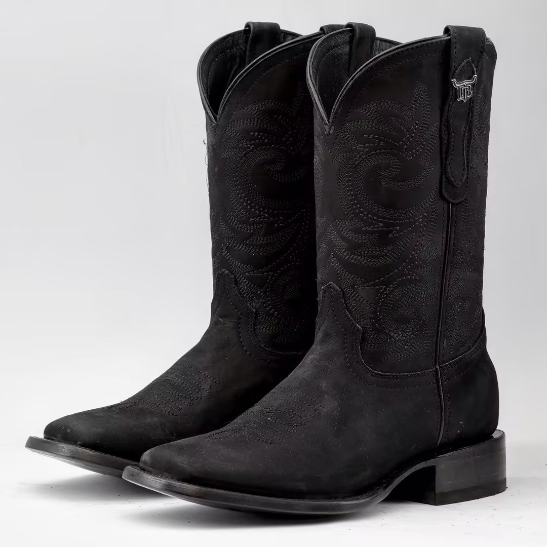 Total Black Nobuck Leather Boots - Square Toe