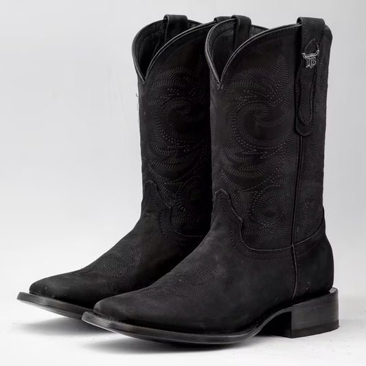 Total Black Nobuck Leather Boots - Square Toe