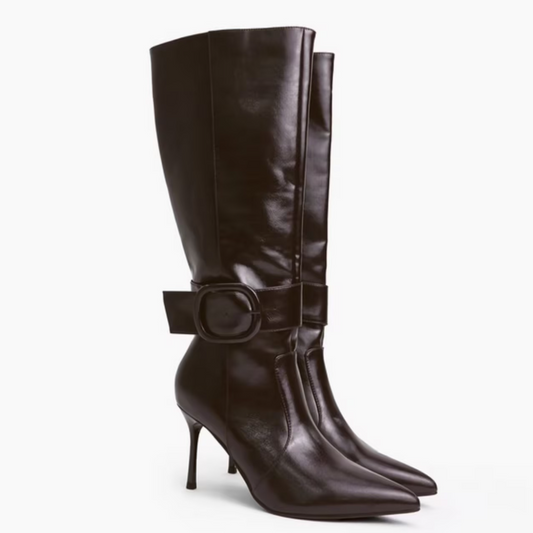 Leather High-Heeled Boots with Metal Buckles