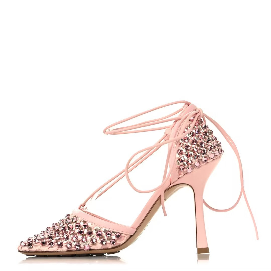 Pink Mesh Square-Toe High Heels
