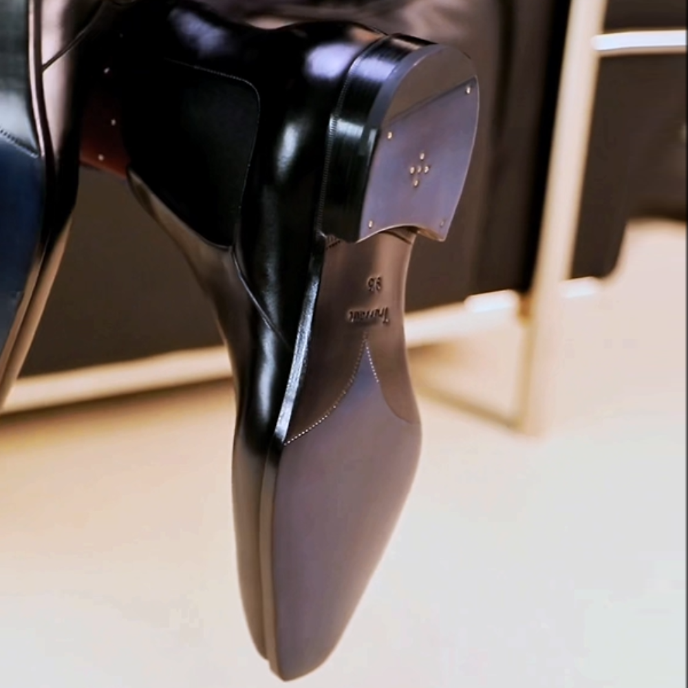 Squared-Toe Chelsea Boots with Blue Soles