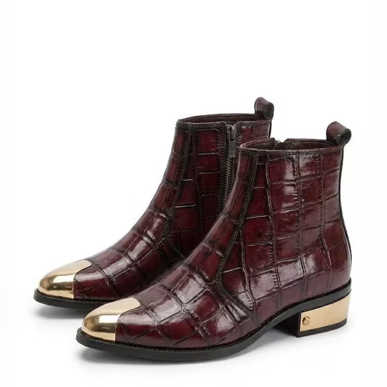 Red Crocodile Leather Chelsea Boots with Gold Tips