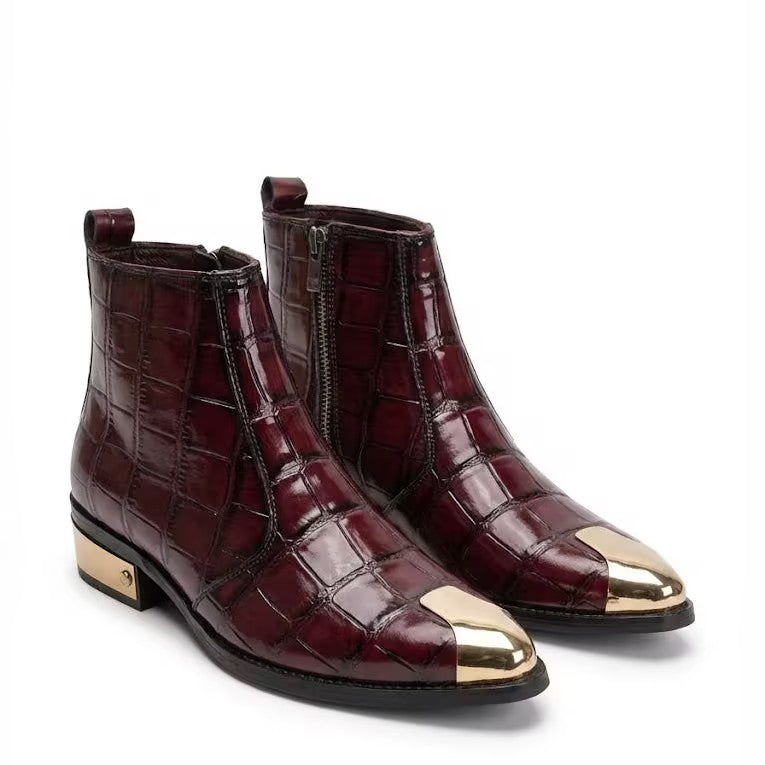 Red Crocodile Leather Chelsea Boots with Gold Tips