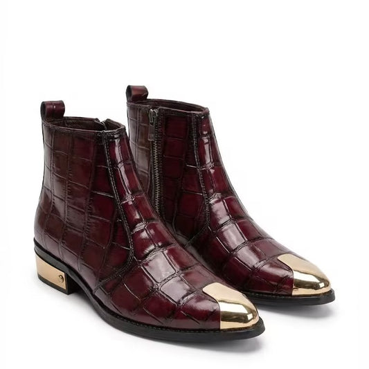 Red Crocodile Leather Chelsea Boots with Gold Tips