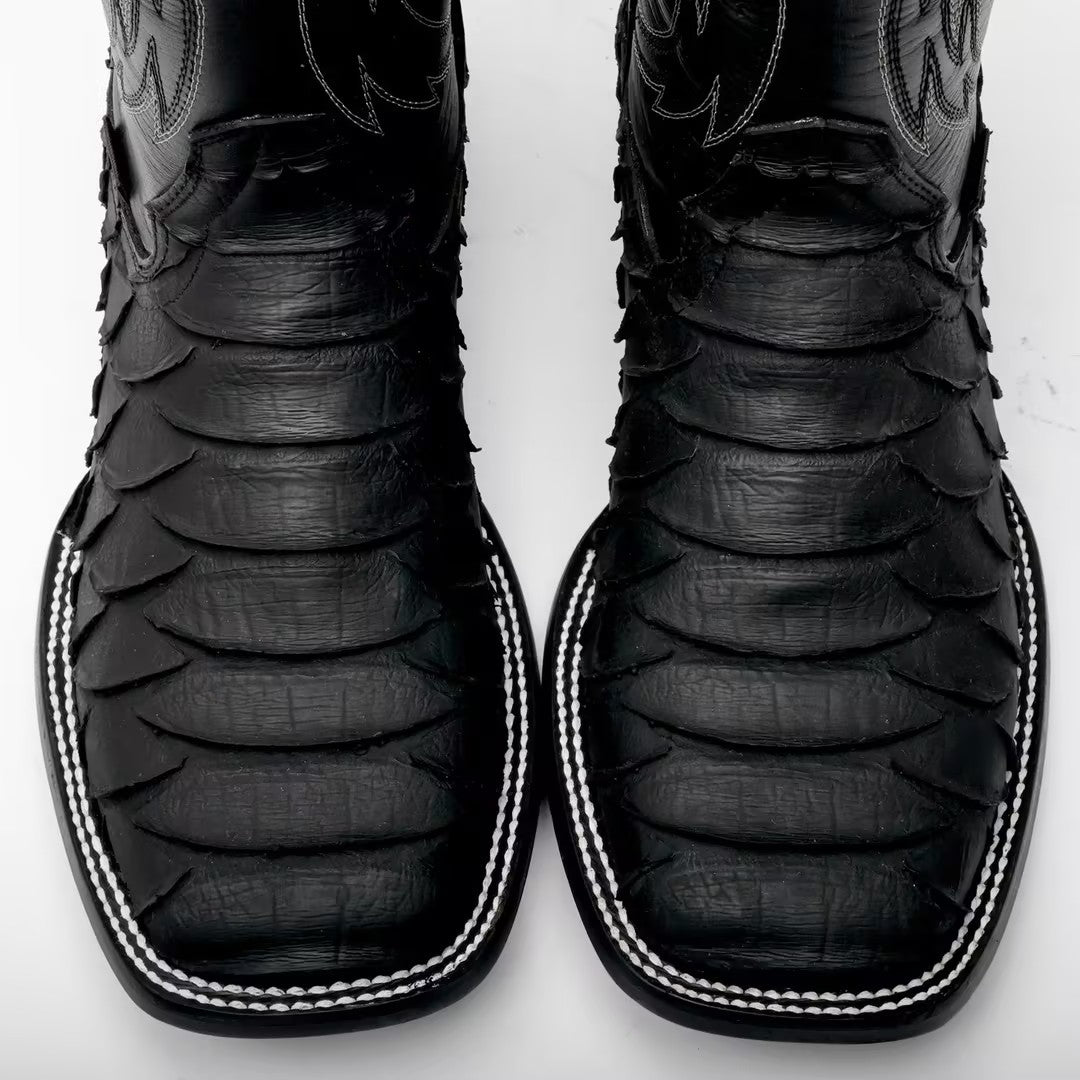 Black Jumbo Python Leather Boots - Square Toe