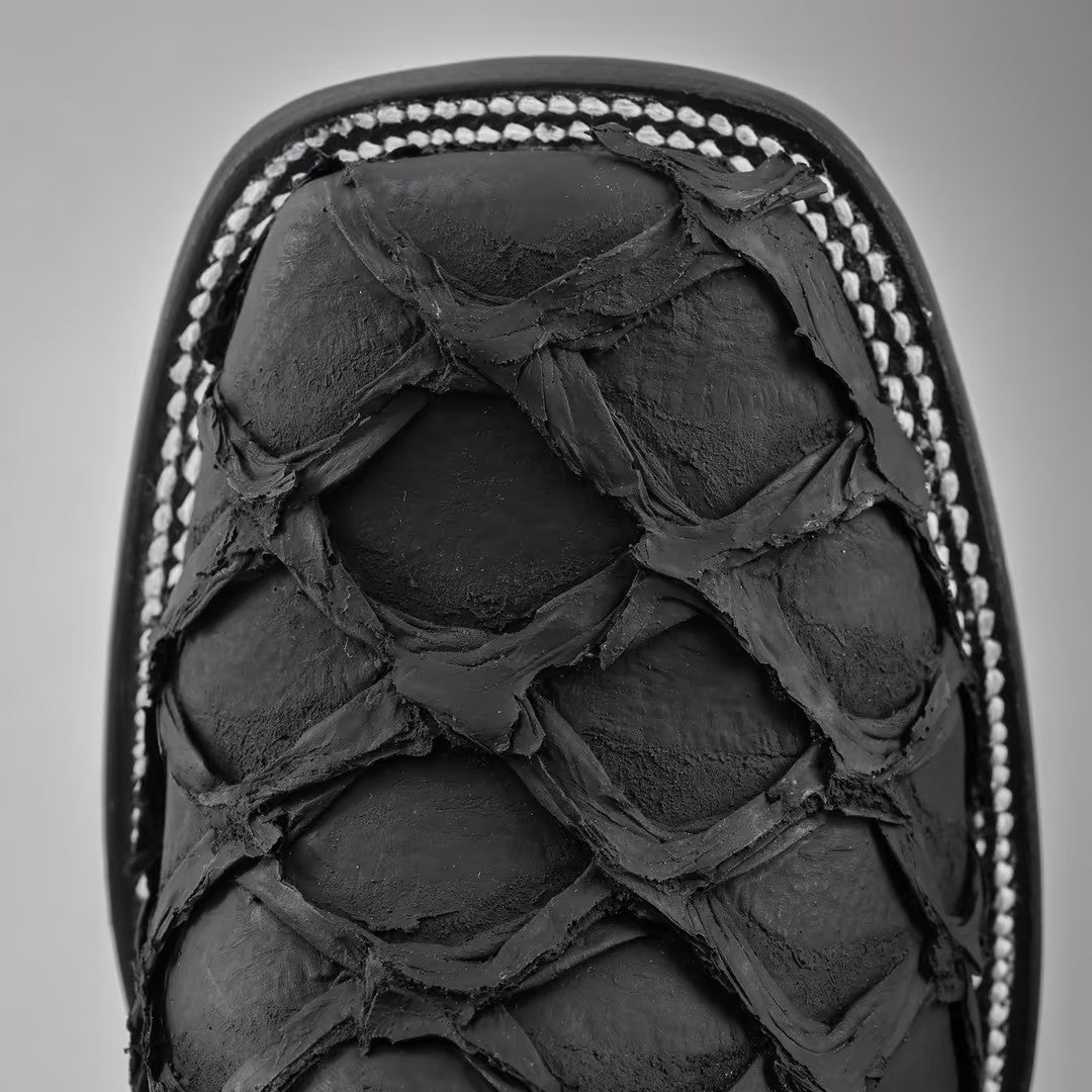 Matte Black Jumbo Pirarucu Leather Boots - Square Toe