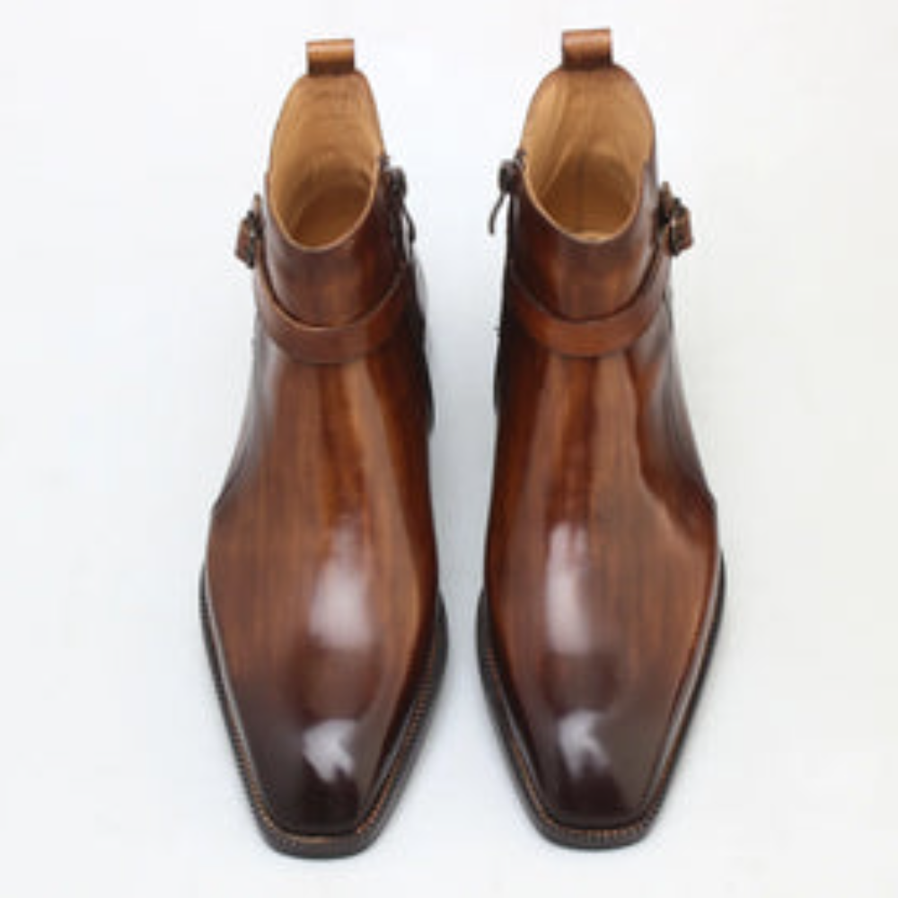Brown Leather Square-Toed Lace-Up Chelsea Boots