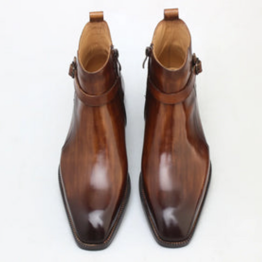 Brown Leather Square-Toed Lace-Up Chelsea Boots