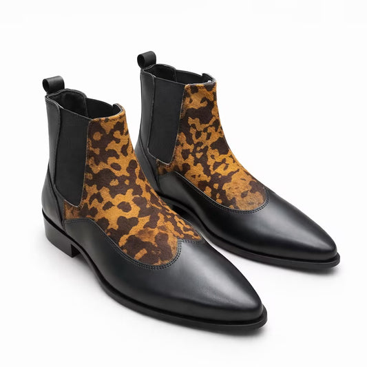 Leopard Print Patchwork Chelsea Boots