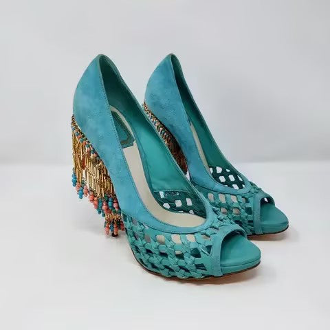 Blue Open-Toe Fringe High Heels