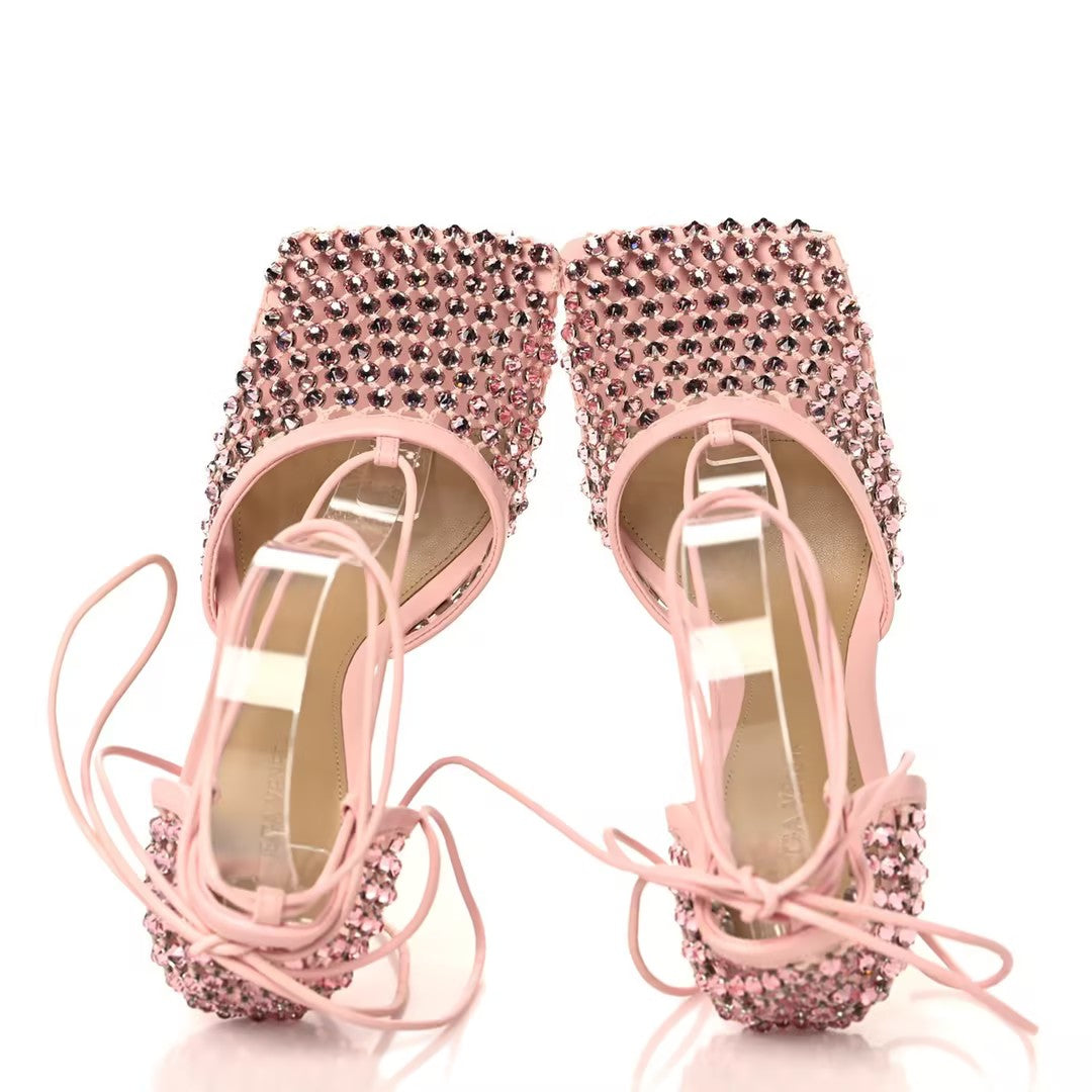 Pink Mesh Square-Toe High Heels
