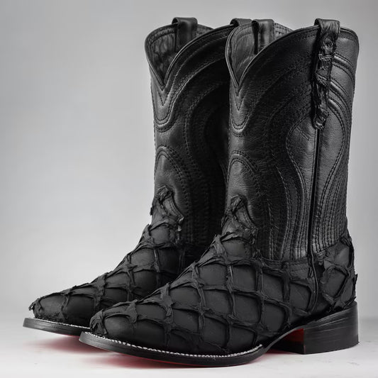 Matte Black Jumbo Pirarucu Leather Boots - Square Toe