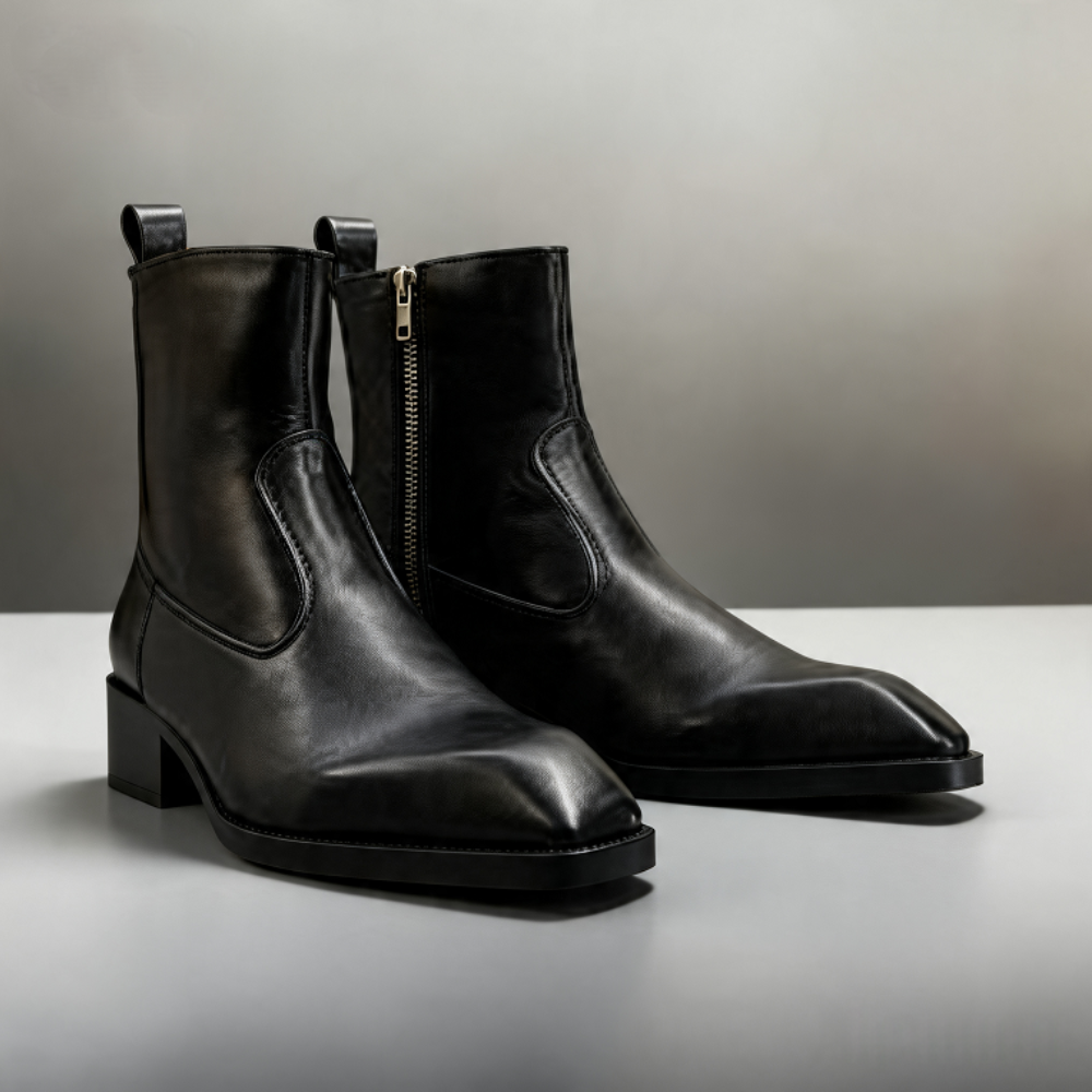 Black Leather Zipper Chelsea Boots